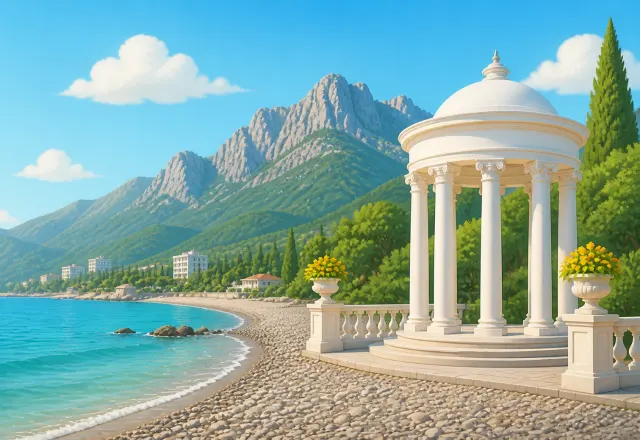 Мультяшная ротонда Алушты на фоне Демерджи